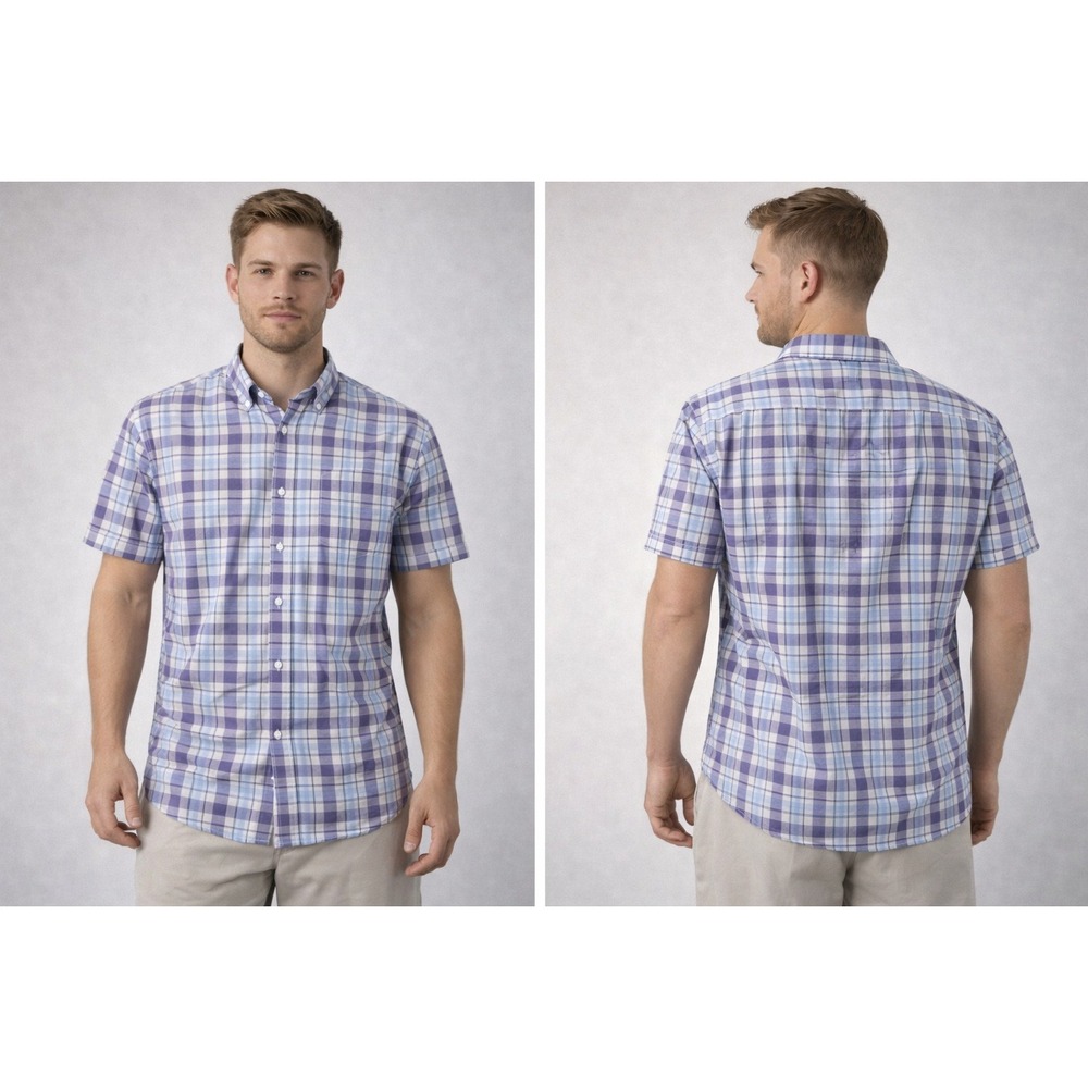 Banana Republic Plaid Button Down Mens Small Blue Purple Preppy Short Sleeve